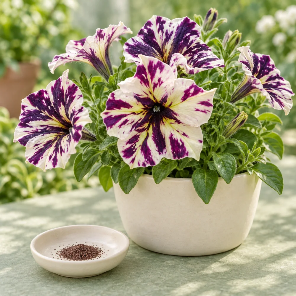 Generated illustration of Pattern Plum petunia flowers beside a dish of seeds