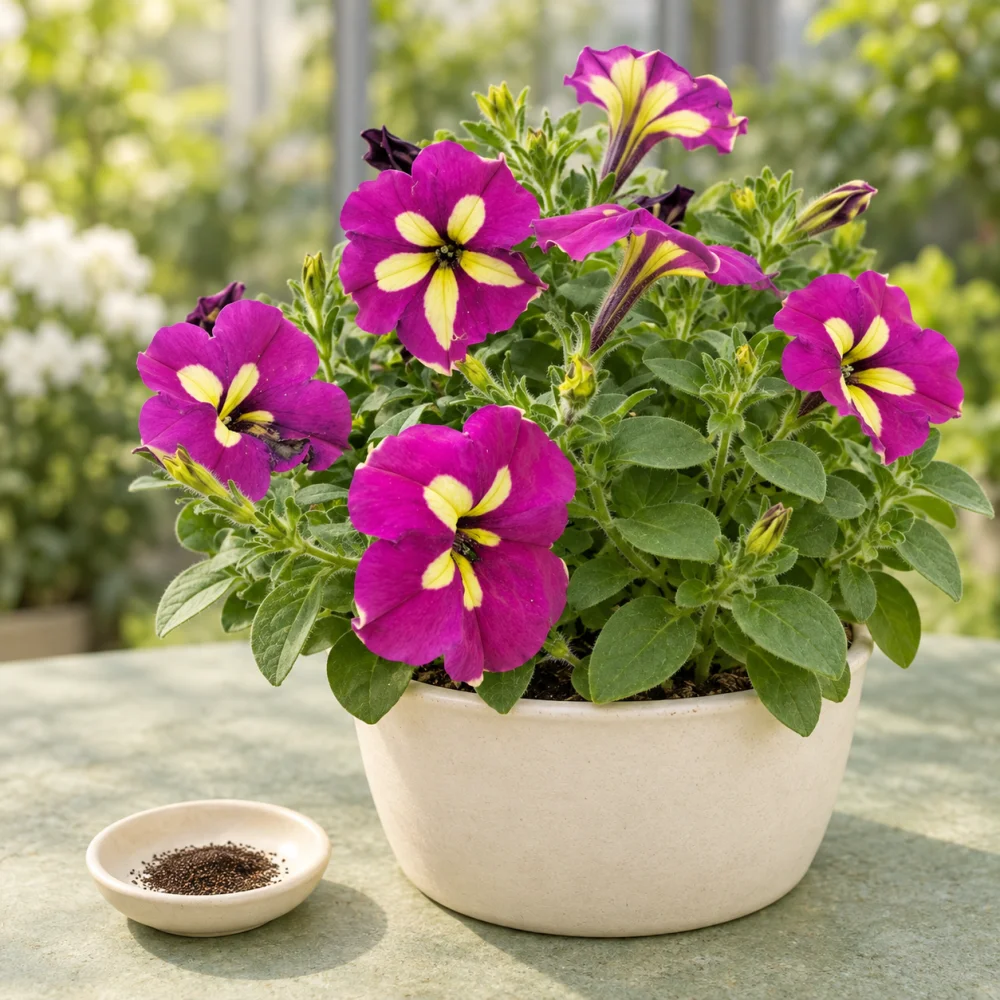 Generated illustration of Starlight Magenta petunia flowers beside a dish of seeds