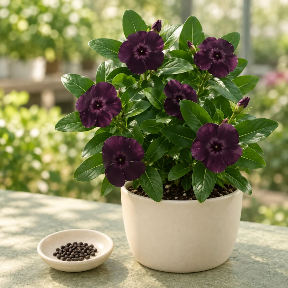 Generated illustration of Black Purple vinca flowers beside a dish of seeds