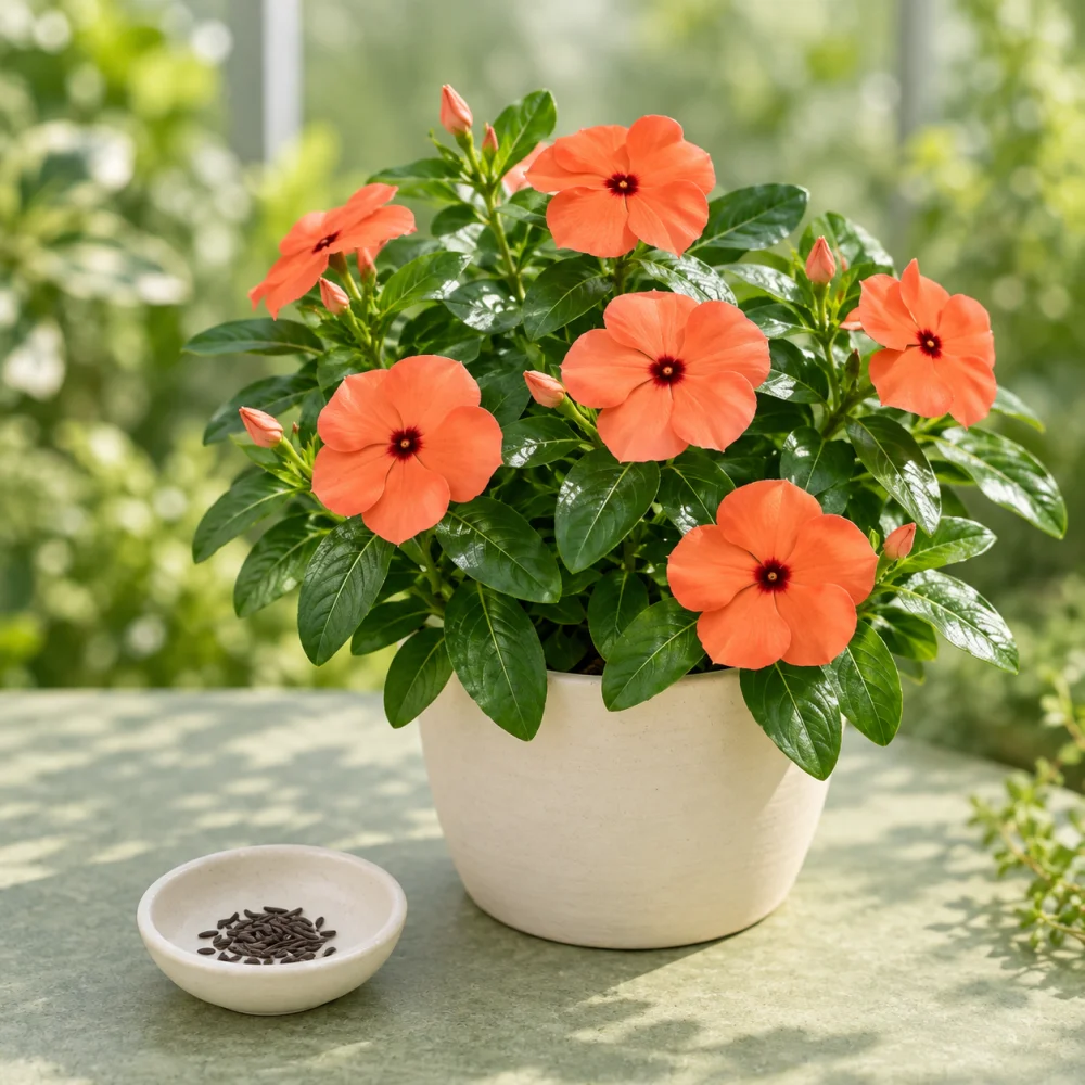 Generated illustration of Cacterina Oren vinca flowers beside a dish of seeds