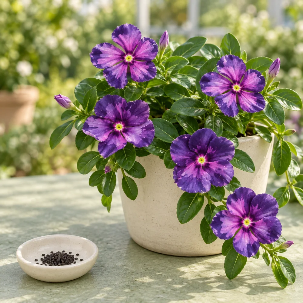 Generated illustration of Purple Batik vinca flowers beside a dish of seeds