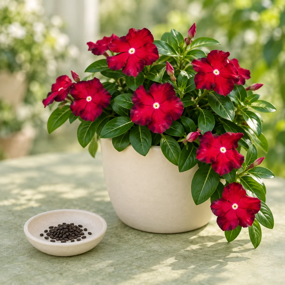 Generated illustration of Red Batik vinca flowers beside a dish of seeds