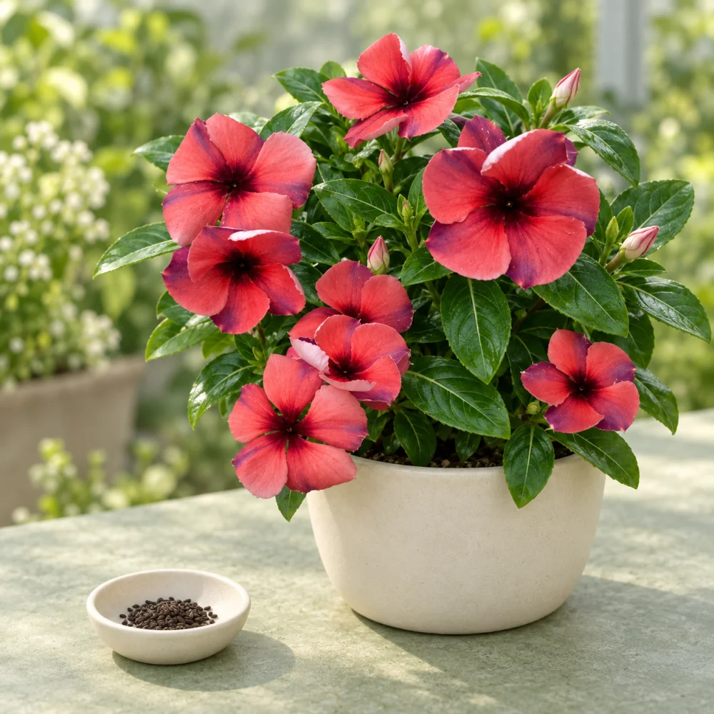 Generated illustration of Watermelon vinca flowers beside a dish of seeds