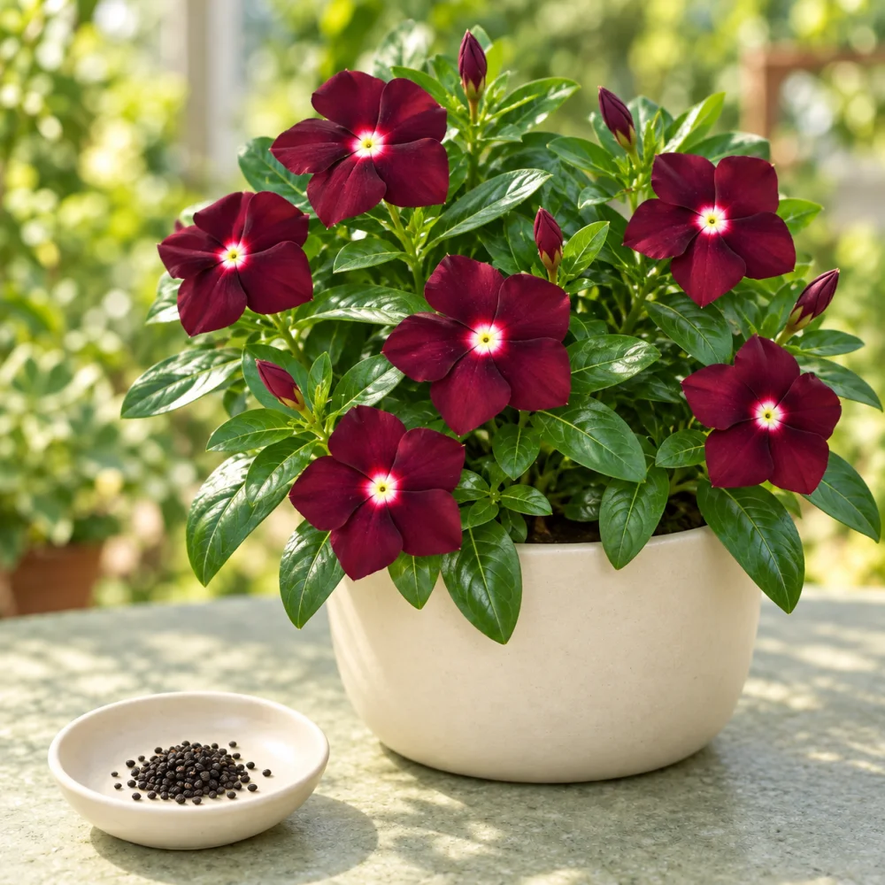 Blood Red vinca flowers beside a dish of seeds